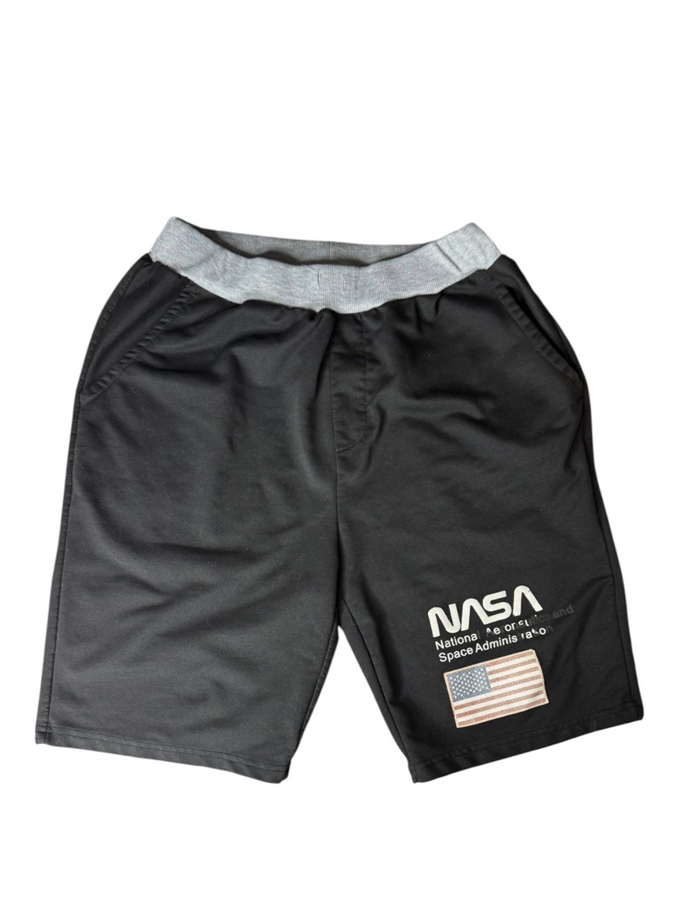 🤑 5/$25 SHEIN Black Athletic Shorts with Gray Waistband and NASA Flag Patch